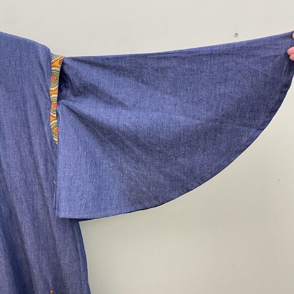 Studio EY Maxi Dress Womens Medium Blue Chambray Bell Sleeve Dashiki Print Boho - Picture 4 of 10